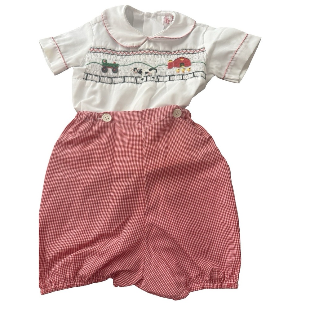 Orient Express boys 2pc smocked set farm barn tractor cow sz 2 2t red